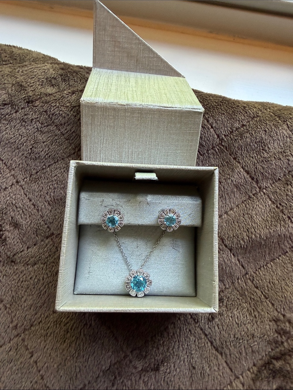 Blue Topaz Halo Necklace and Earrings Set
